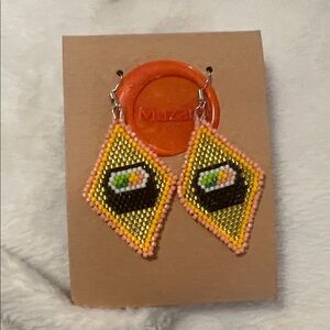 Handmade Yellow & Pink Beaded Sushi Diamond Earrings
